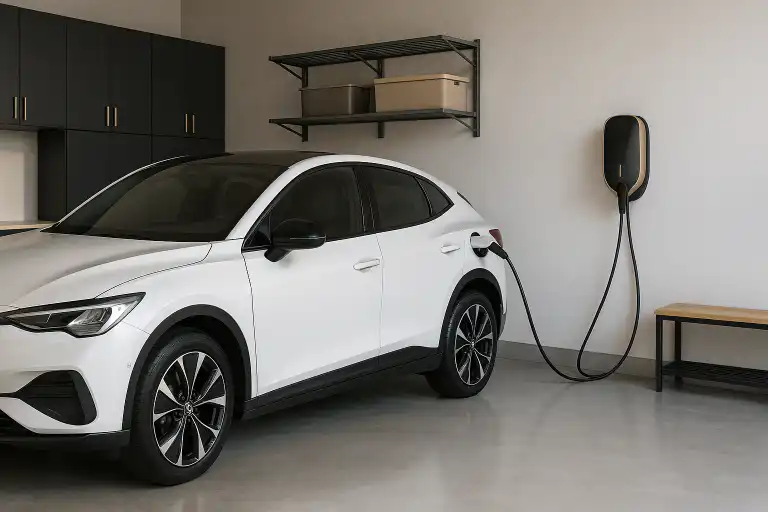White electric vehicle charging in a modern Whitby garage with a professionally installed home EV charger on the wall and organized storage shelves