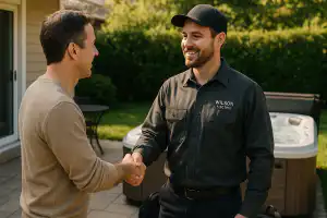 Wilson Electric Inc technician shaking hands with a customer outside near a hot tub showcasing expert hot tub wiring service in Clarington