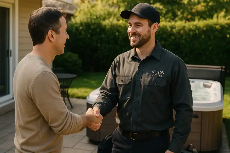 Wilson Electric Inc technician shaking hands with a customer outside near a hot tub showcasing expert hot tub wiring service in Clarington