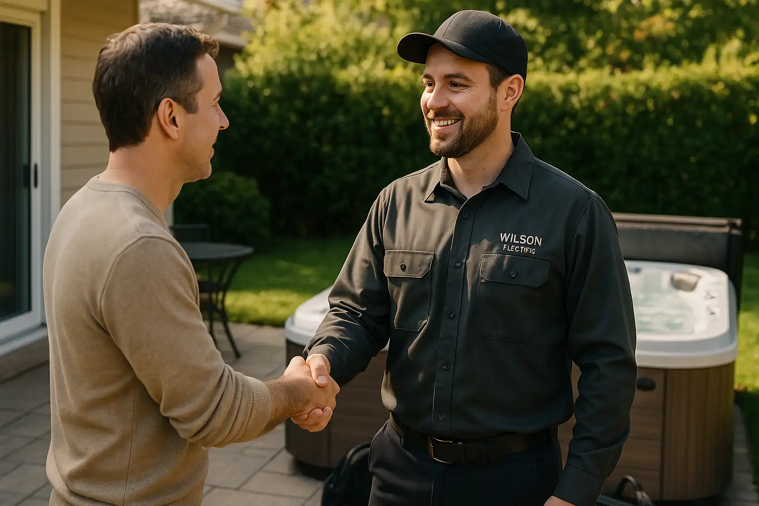 Wilson Electric Inc technician shaking hands with a customer outside near a hot tub showcasing expert hot tub wiring service in Clarington
