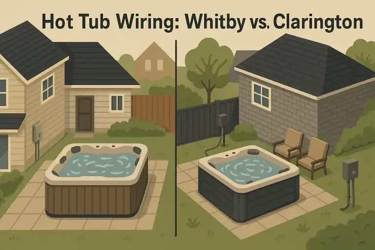 Illustration comparing outdoor hot tub wiring setups next to homes in Whitby and Clarington with clear view of electrical panels and spa installations