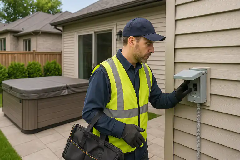 Licensed electrician in safety vest inspecting outdoor electrical panel for hot tub wiring near backyard patio in Clarington
