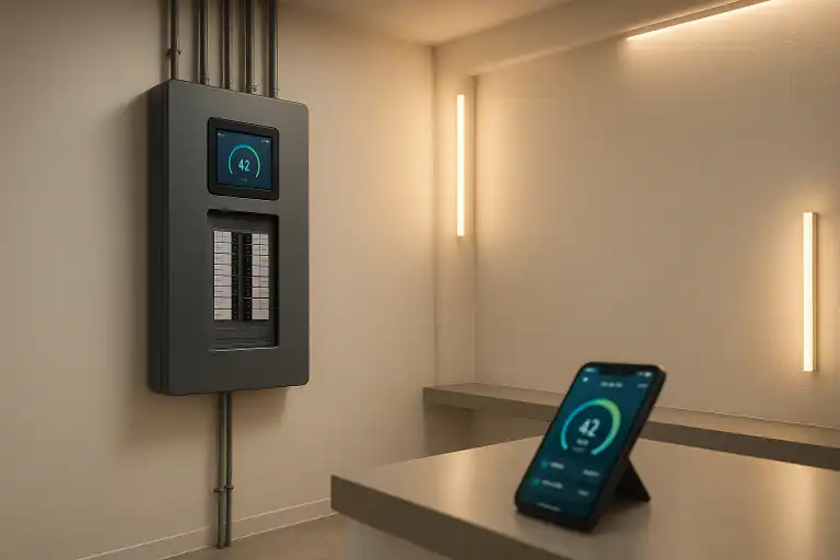 Modern residential electrical panel with smart monitoring system in a well-lit room, featuring a wall-mounted digital display and a mobile device interface on the counter