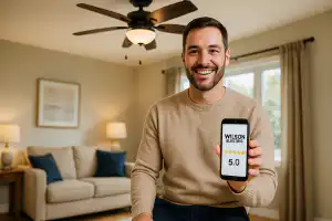 Smiling man in bright living room with ceiling fan displays a smartphone showing Wilson Electric Inc five star rating, highlighting trusted Oshawa ceiling fan installer service