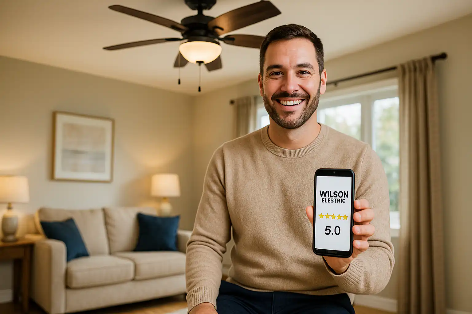 Smiling man in bright living room with ceiling fan displays a smartphone showing Wilson Electric Inc five star rating, highlighting trusted Oshawa ceiling fan installer service
