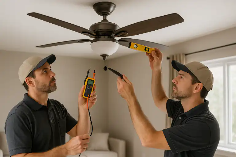 Two professional electricians in uniform installing and testing a ceiling fan in a modern home living room in the Durham Region