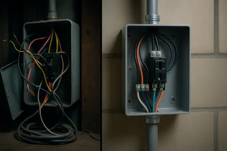 Side by side comparison of an old, messy electrical panel and a new, professionally wired electrical panel for hot tub installation in Clarington.