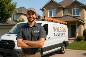 Licensed Whitby Electricians in Durham Region 20 Smiling electrician from Wilson Electric Inc standing with arms crossed in front of service van and suburban home in Pickering neighborhood