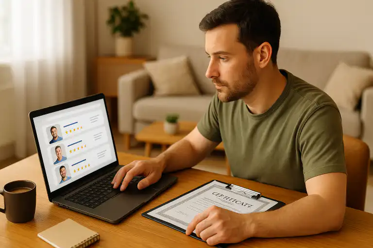 Man reviewing electrician ratings and certifications on laptop at home with certificate document on desk, illustrating expert selection for residential electrical repair in Pickering