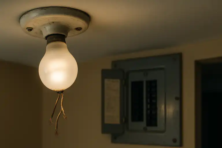 Exposed ceiling light fixture with damaged wiring and nearby electrical panel needing residential electrical repair in Pickering