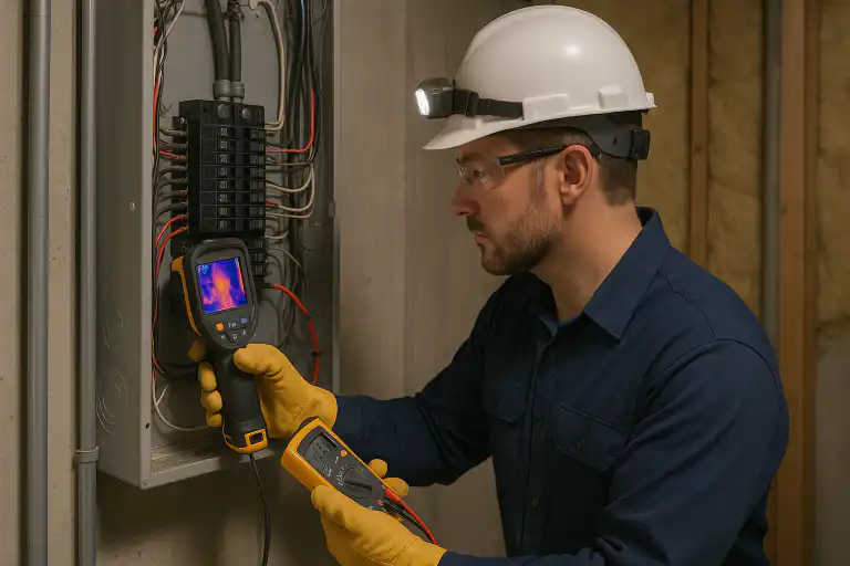 Licensed electrician wearing safety gear performs a thermal inspection and voltage test on a residential electrical panel in a Pickering home