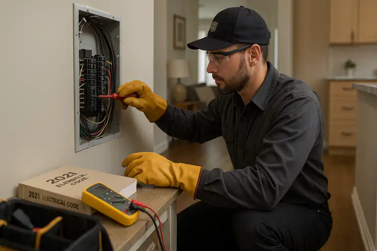 Electrician wearing safety gloves and glasses performing residential electrical repair on a home circuit breaker in Pickering, with tools and electrical code book visible.