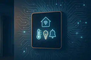 Digital illustration of a smart home control panel with icons for temperature, lighting, and security on a circuit board background, representing advanced breaker surge protection solutions in Ajax and Whitby