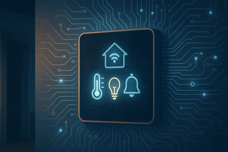 Digital illustration of a smart home control panel with icons for temperature, lighting, and security on a circuit board background, representing advanced breaker surge protection solutions in Ajax and Whitby