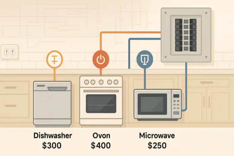 Illustration of a kitchen with a dishwasher, oven, and microwave connected to an electrical panel, showing typical appliance circuit costs in Pickering and Durham Region.