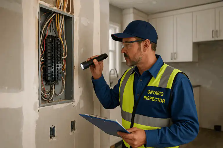 Ontario electrical inspector examines a kitchen appliance circuit breaker panel in a residential home in Durham Region.