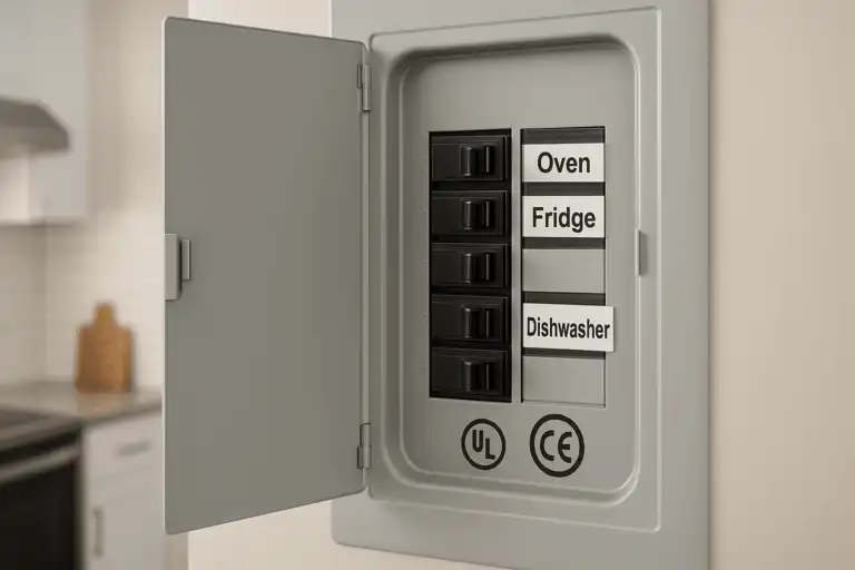 Close up of a labeled electrical panel with dedicated circuits for oven, fridge, and dishwasher in a modern kitchen