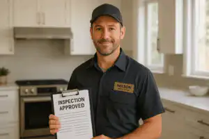 Licensed Whitby Electricians in Durham Region 18 Wilson Electric Inc technician standing in a bright modern kitchen holding a clipboard with inspection approved, highlighting safe kitchen appliance circuits service in Pickering
