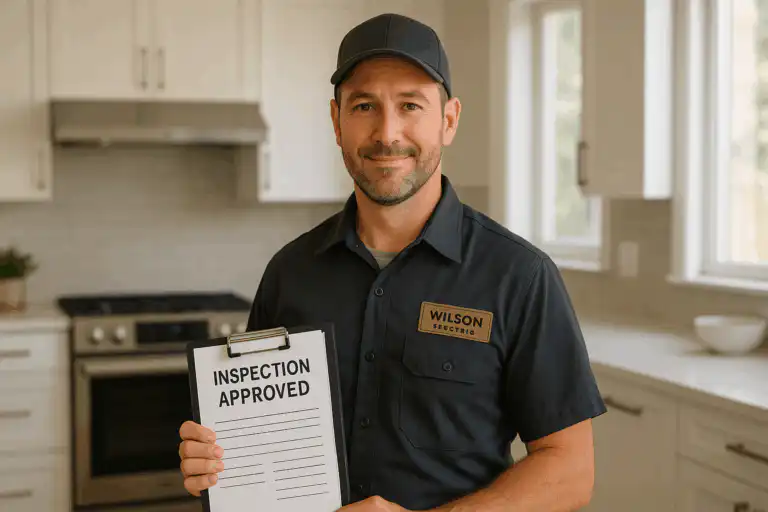 Wilson Electric Inc technician standing in a bright modern kitchen holding a clipboard with inspection approved, highlighting safe kitchen appliance circuits service in Pickering.