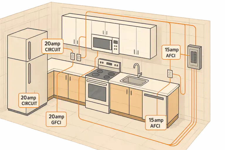 Illustration of a modern kitchen showing dedicated appliance circuits, electrical panel and labeled outlets for fridge, microwave, stove, and GFCI or AFCI protected circuits.