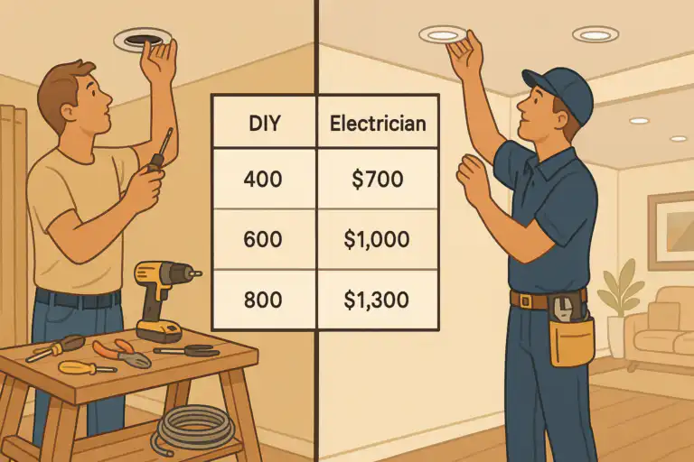 Illustration showing a DIY homeowner and a professional electrician each installing pot lights in a ceiling, with a cost comparison chart between DIY and electrician services for adding pot lights to existing ceilings without attic access