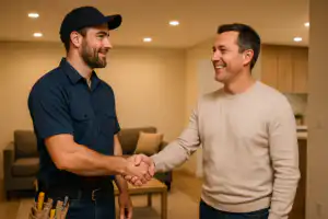 Licensed Whitby Electricians in Durham Region 16 Electrician in uniform shaking hands with homeowner in modern living room with newly installed pot lights in Whitby