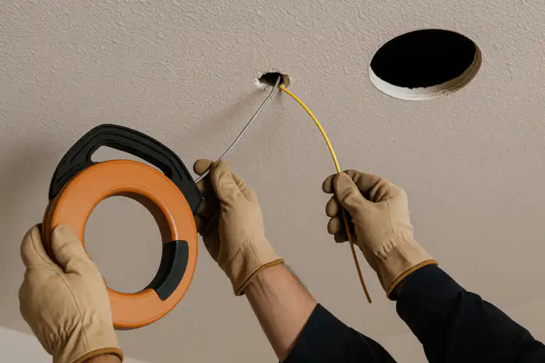 Electrician with gloved hands feeding electrical wire through a hole in a finished ceiling using a fish tape, preparing for pot light installation without attic access